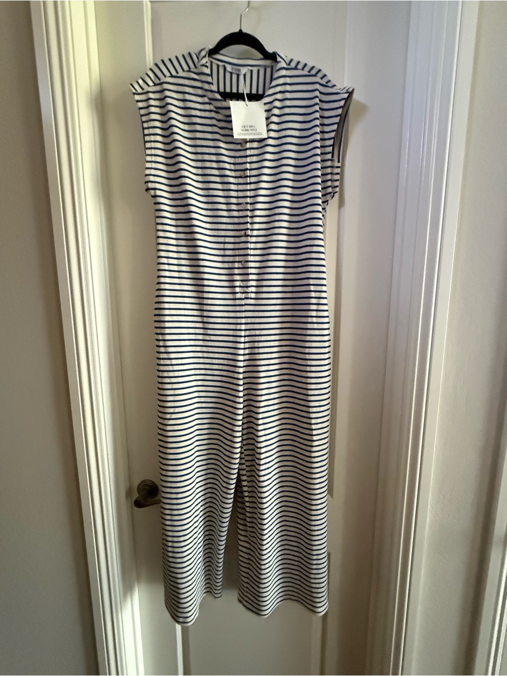 Cicy Bell Striped Wide Leg Knit Jumpsuit (Blue, Size Large)